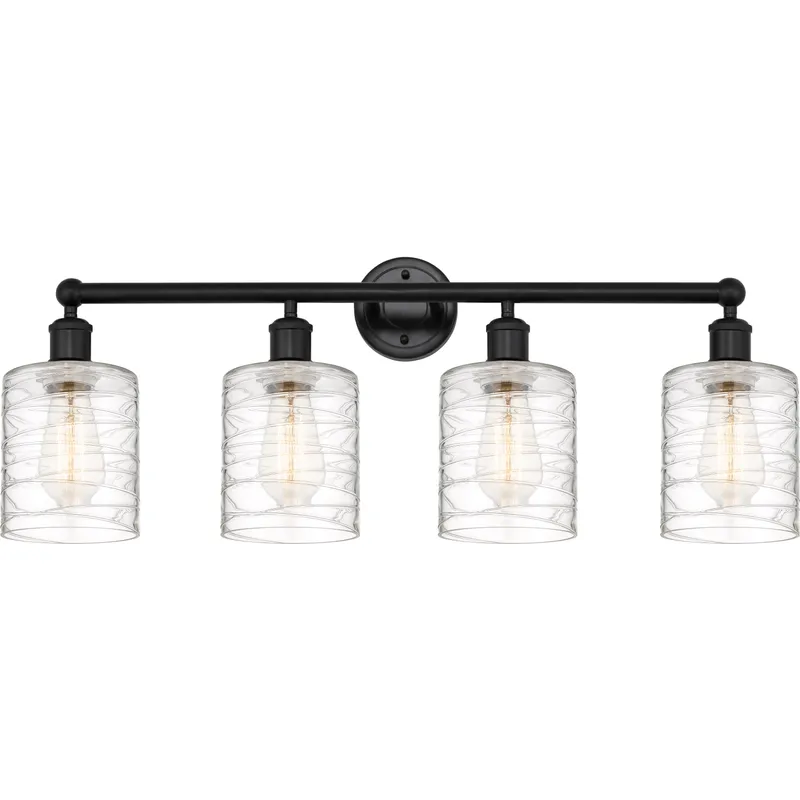 Edison Cobbleskill 4 Light 32 inch Matte Black Bath Vanity Light Wall Light in Deco Swirl Glass