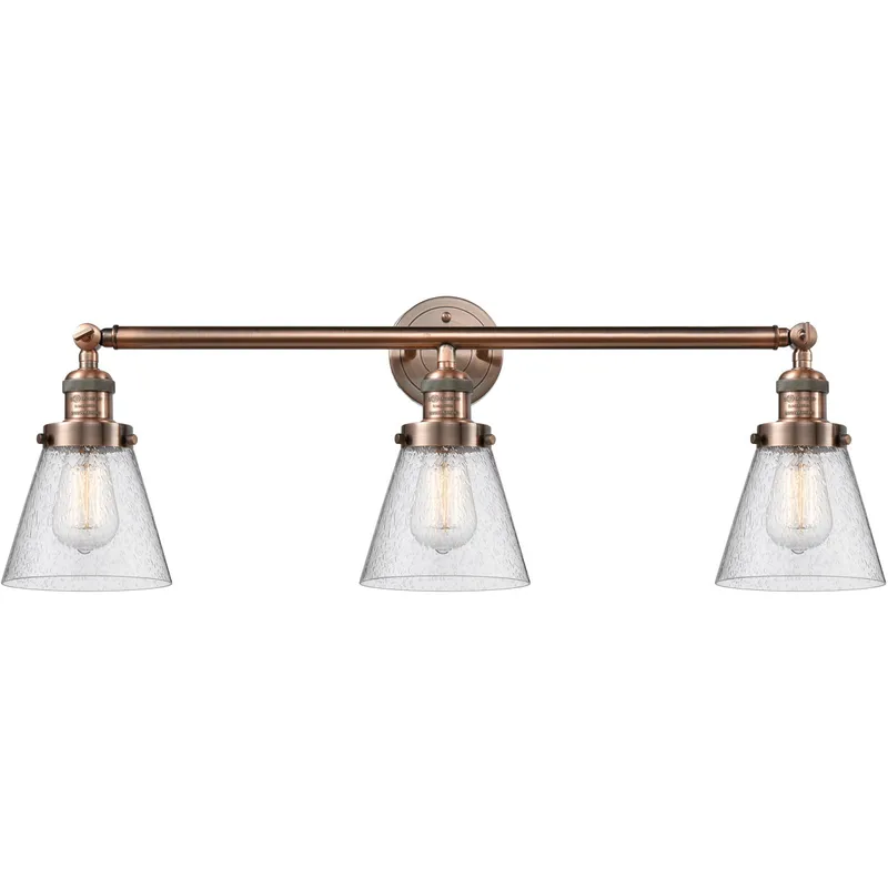 Franklin Restoration Small Cone LED 30 inch Antique Copper Bath Vanity Light Wall Light in Seedy Glass, Franklin Restoration