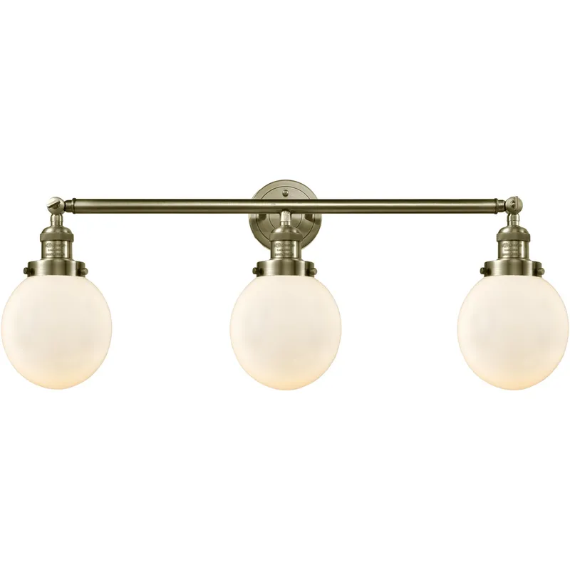 Franklin Restoration Beacon LED 30 inch Antique Brass Bath Vanity Light Wall Light in Matte White Glass, Franklin Restoration