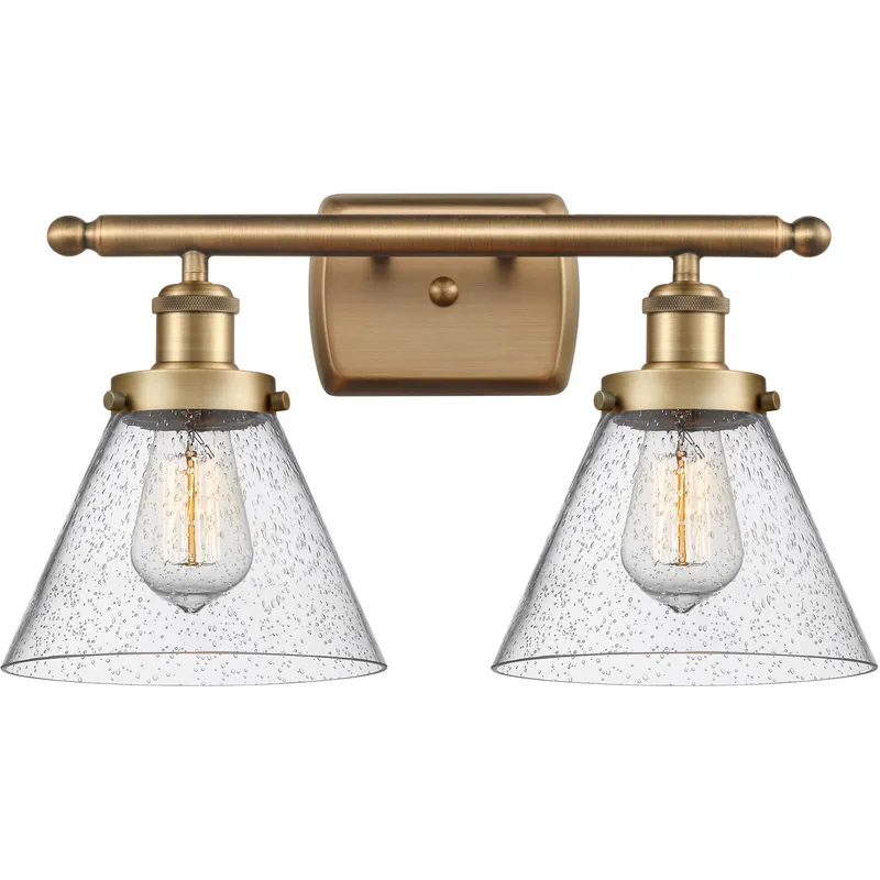Ballston Large Cone 2 Light 16 inch Brushed Brass Bath Vanity Light Wall Light in Seedy Glass