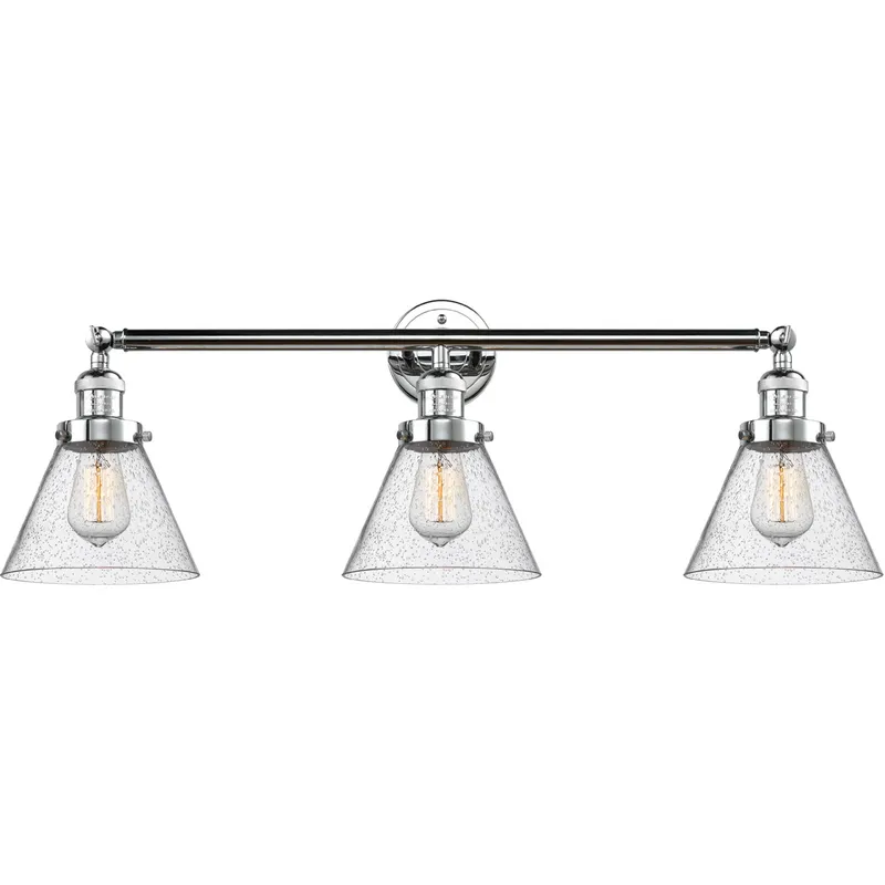 Franklin Restoration Large Cone 3 Light 32 inch Polished Chrome Bath Vanity Light Wall Light in Seedy Glass, Franklin Restoration