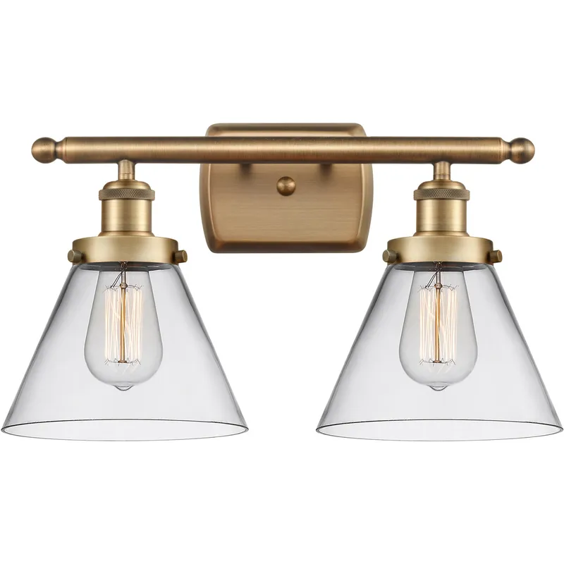 Ballston Large Cone 2 Light 16 inch Brushed Brass Bath Vanity Light Wall Light in Clear Glass