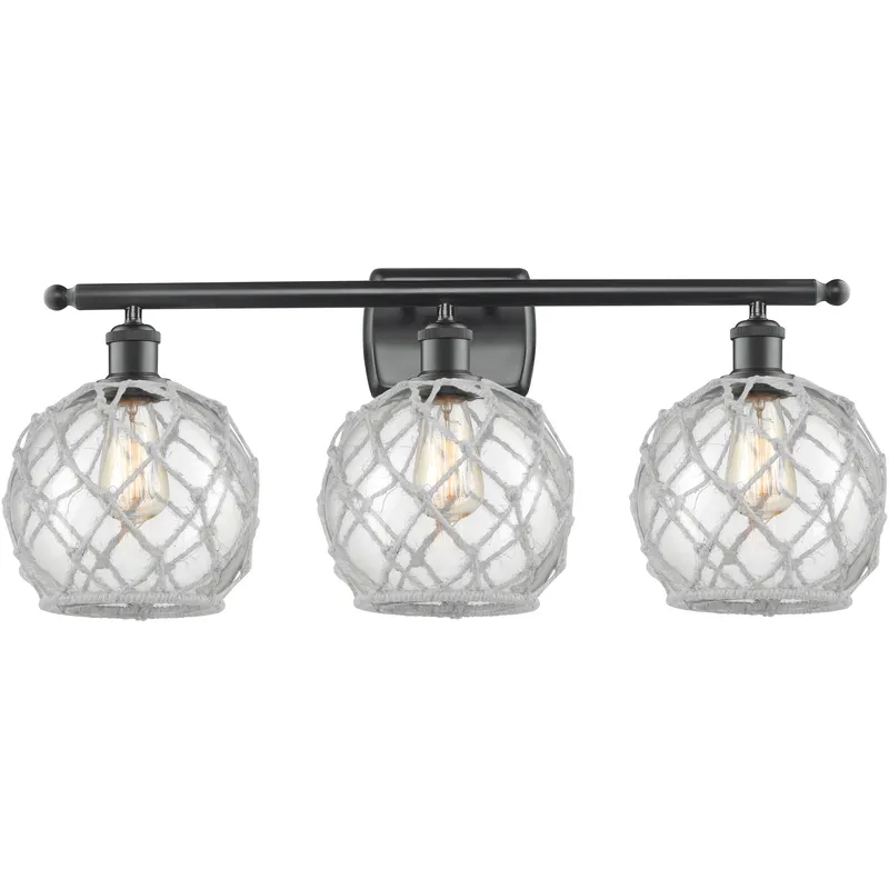 Ballston Farmhouse Rope 3 Light 28 inch Matte Black Bath Vanity Light Wall Light in Bulb Not Included, Clear Glass with White Rope, Ballston