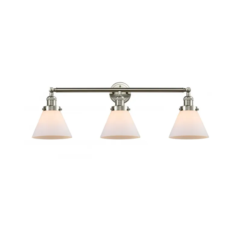 Franklin Restoration Large Cone 3 Light 32 inch Brushed Satin Nickel Bath Vanity Light Wall Light in Matte White Glass, Franklin Restoration