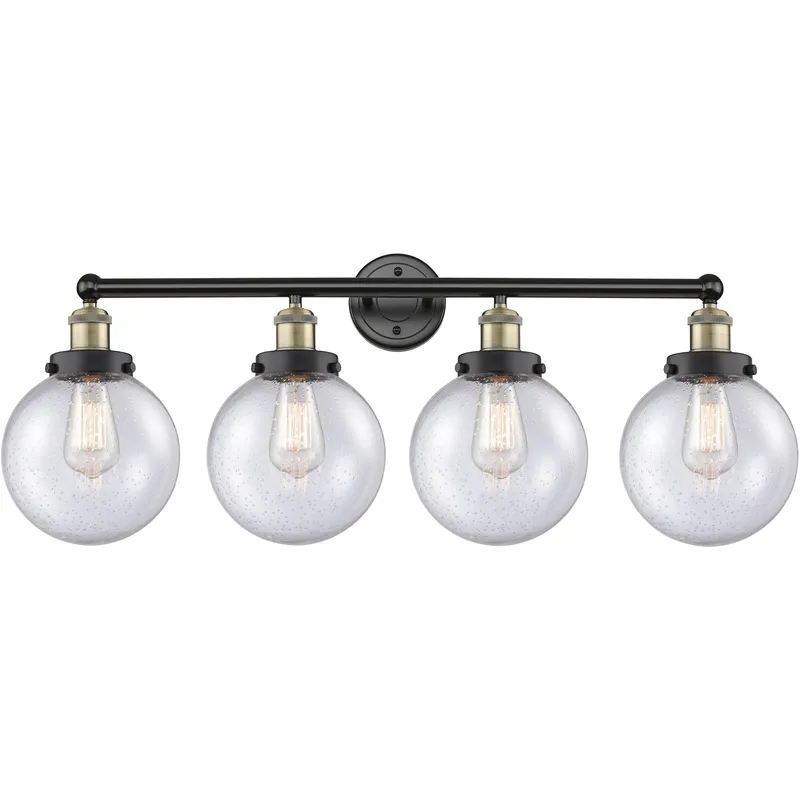 Beacon 4 Light 33.5 inch Black Antique Brass Bath Vanity Light Wall Light in Seedy Glass, Large