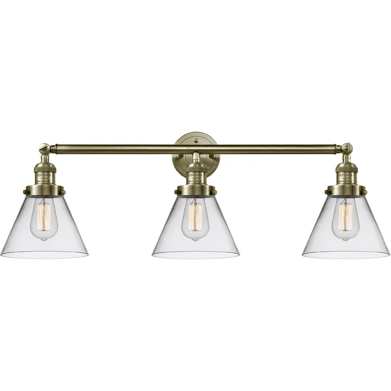 Franklin Restoration Large Cone 3 Light 32 inch Antique Brass Bath Vanity Light Wall Light in Incandescent, Clear Glass, Franklin Restoration