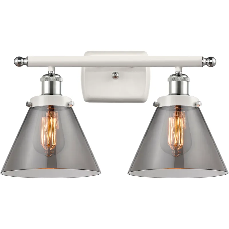Ballston Large Cone 2 Light 16 inch White and Polished Chrome Bath Vanity Light Wall Light in Plated Smoke Glass