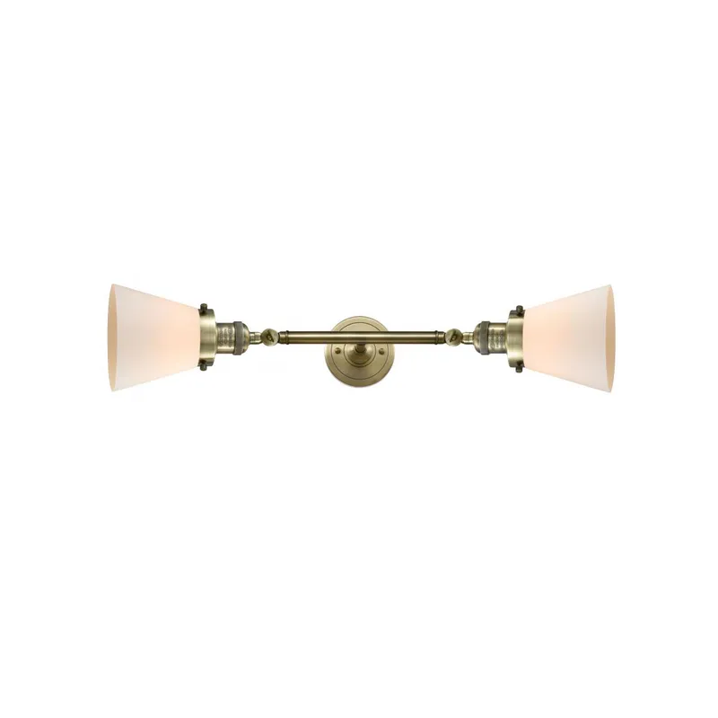 Franklin Restoration Small Cone 2 Light 6 inch Antique Brass Bath Vanity Light Wall Light in Incandescent, Matte White Glass, Franklin Restoration