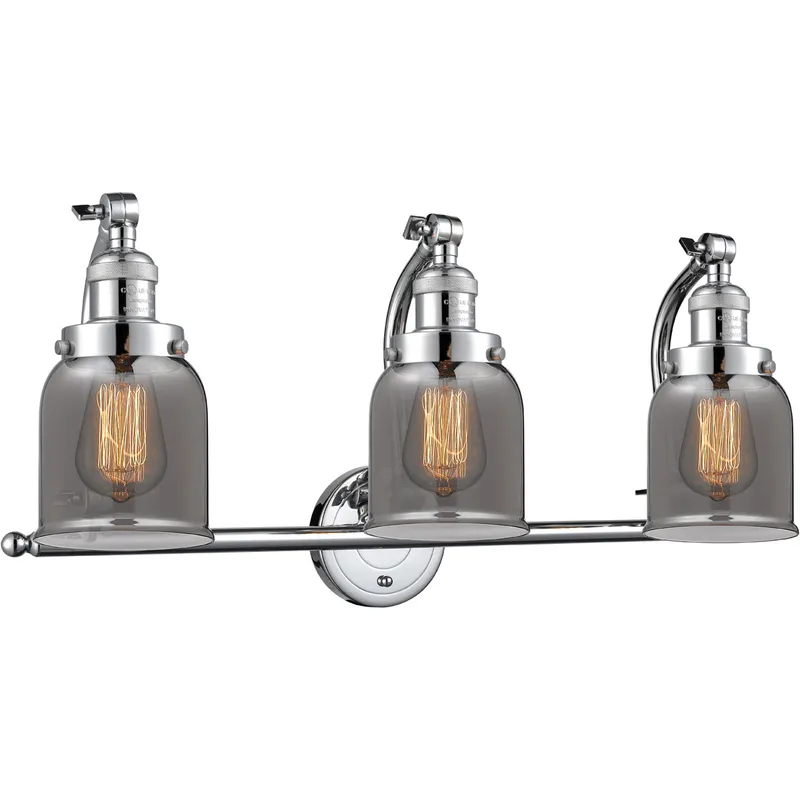 Franklin Restoration Small Bell 3 Light 28 inch Polished Chrome Bath Vanity Light Wall Light in Light Smoke Glass, Franklin Restoration