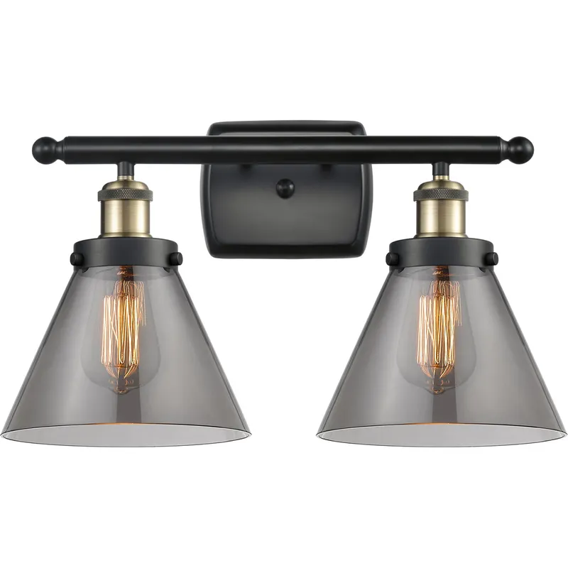 Ballston Large Cone 2 Light 16 inch Black Antique Brass Bath Vanity Light Wall Light in Light Smoke Glass