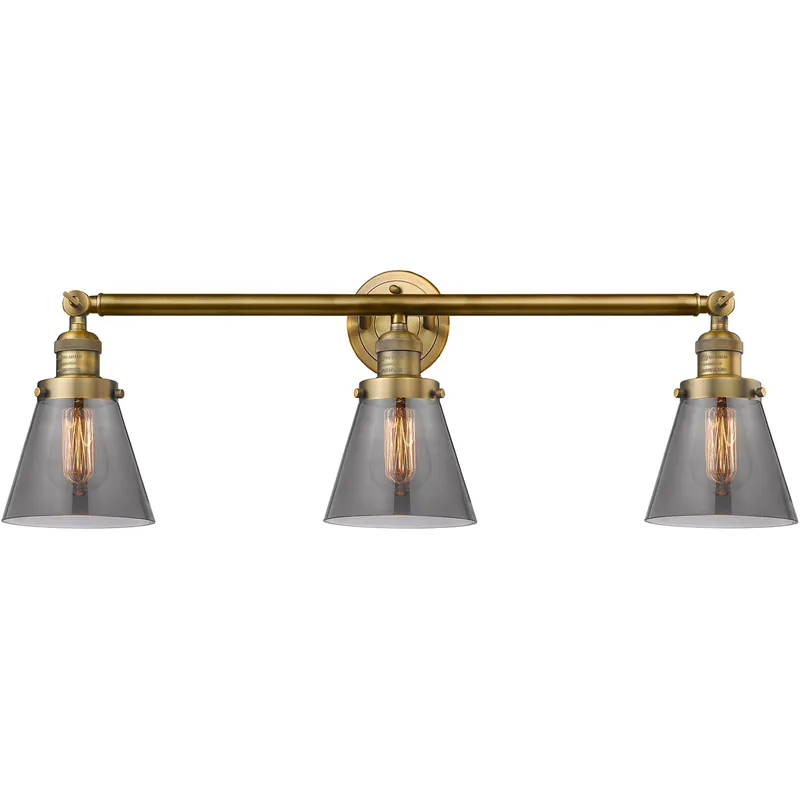 Franklin Restoration Small Cone LED 30 inch Brushed Brass Bath Vanity Light Wall Light in Light Smoke Glass, Franklin Restoration
