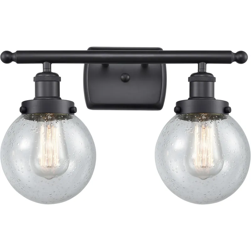 Ballston Beacon 2 Light 16 inch Matte Black Bath Vanity Light Wall Light in Seedy Glass, Ballston