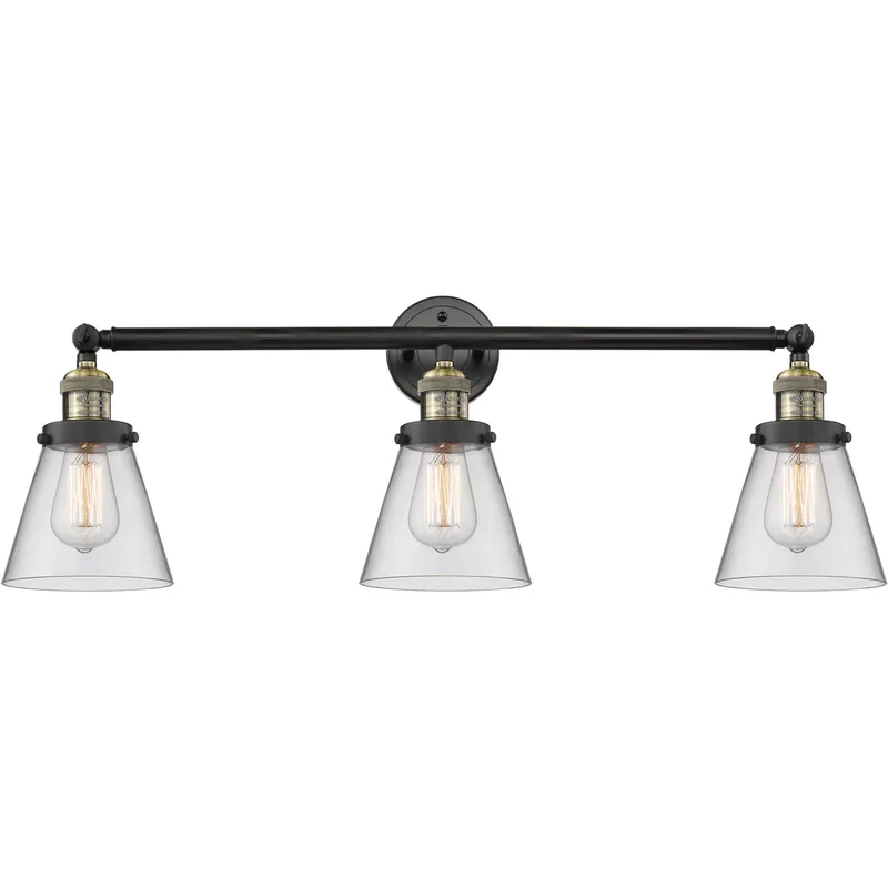 Franklin Restoration Small Cone LED 30 inch Black Antique Brass Bath Vanity Light Wall Light in Clear Glass, Franklin Restoration
