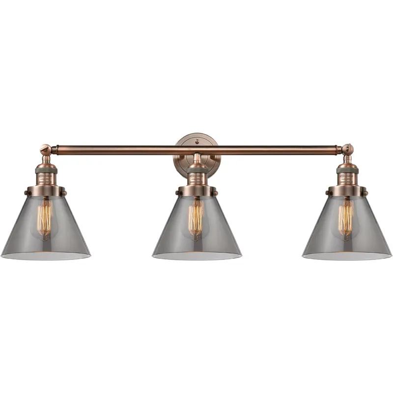 Franklin Restoration Large Cone 3 Light 32 inch Antique Copper Bath Vanity Light Wall Light in Light Smoke Glass, Franklin Restoration