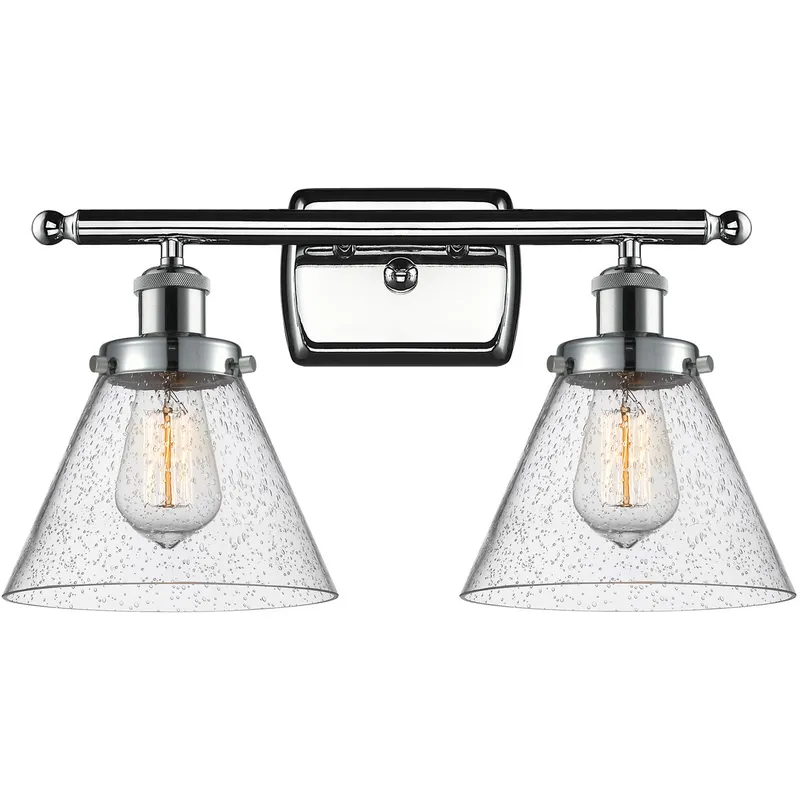 Ballston Large Cone 2 Light 16 inch Polished Chrome Bath Vanity Light Wall Light in Seedy Glass, Ballston