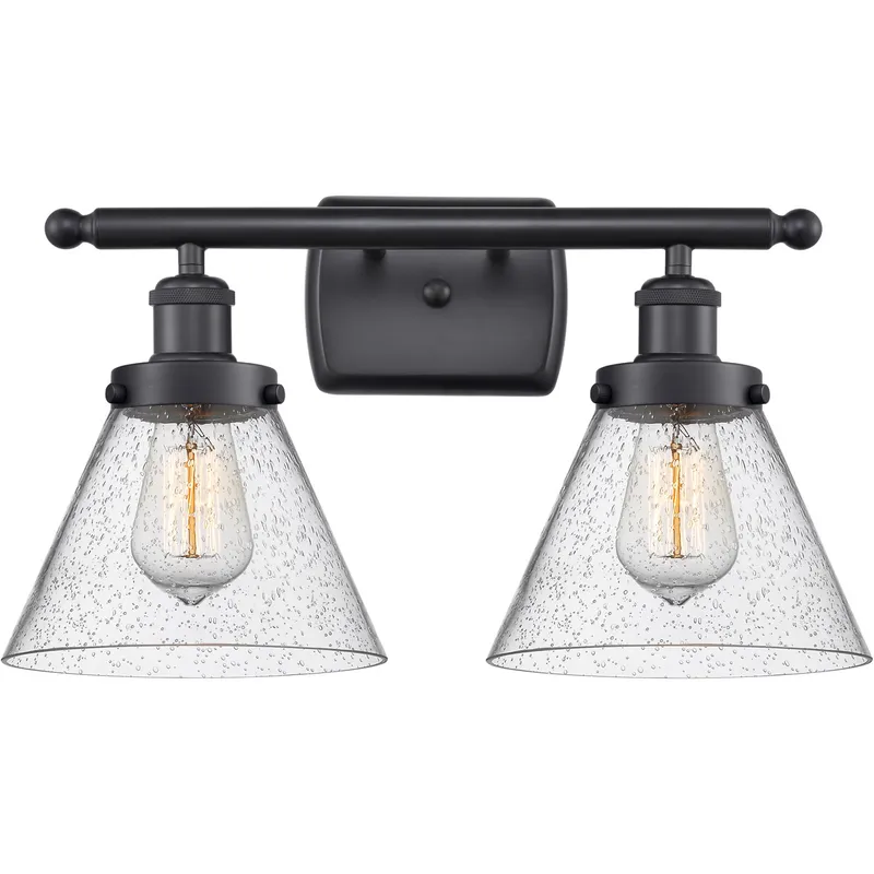 Ballston Large Cone 2 Light 16 inch Matte Black Bath Vanity Light Wall Light in Seedy Glass, Ballston