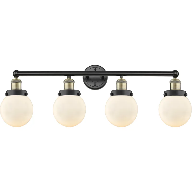 Beacon 4 Light 33.5 inch Black Antique Brass Bath Vanity Light Wall Light in Matte White Glass, Small