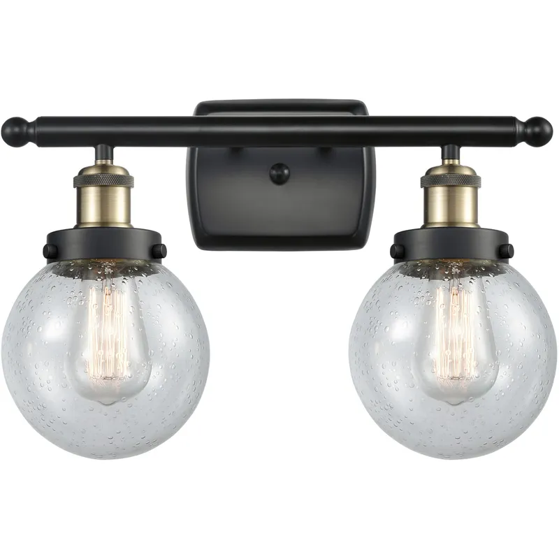 Ballston Beacon 2 Light 16 inch Black Antique Brass Bath Vanity Light Wall Light in Seedy Glass