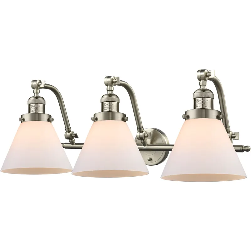 Franklin Restoration Large Cone LED 28 inch Brushed Satin Nickel Bath Vanity Light Wall Light in Matte White Glass, Franklin Restoration