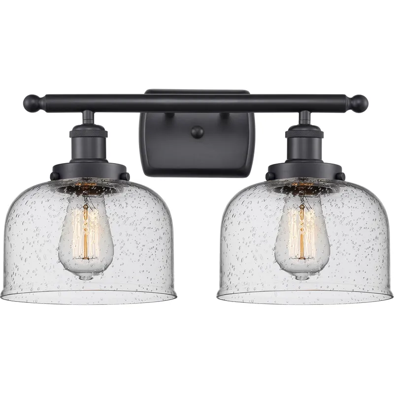 Ballston Large Bell 2 Light 16 inch Matte Black Bath Vanity Light Wall Light in Seedy Glass, Ballston