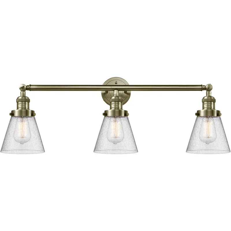 Franklin Restoration Small Cone LED 30 inch Antique Brass Bath Vanity Light Wall Light in Seedy Glass, Franklin Restoration