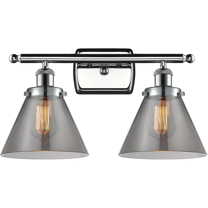 Ballston Large Cone 2 Light 16 inch Polished Chrome Bath Vanity Light Wall Light in Plated Smoke Glass, Ballston