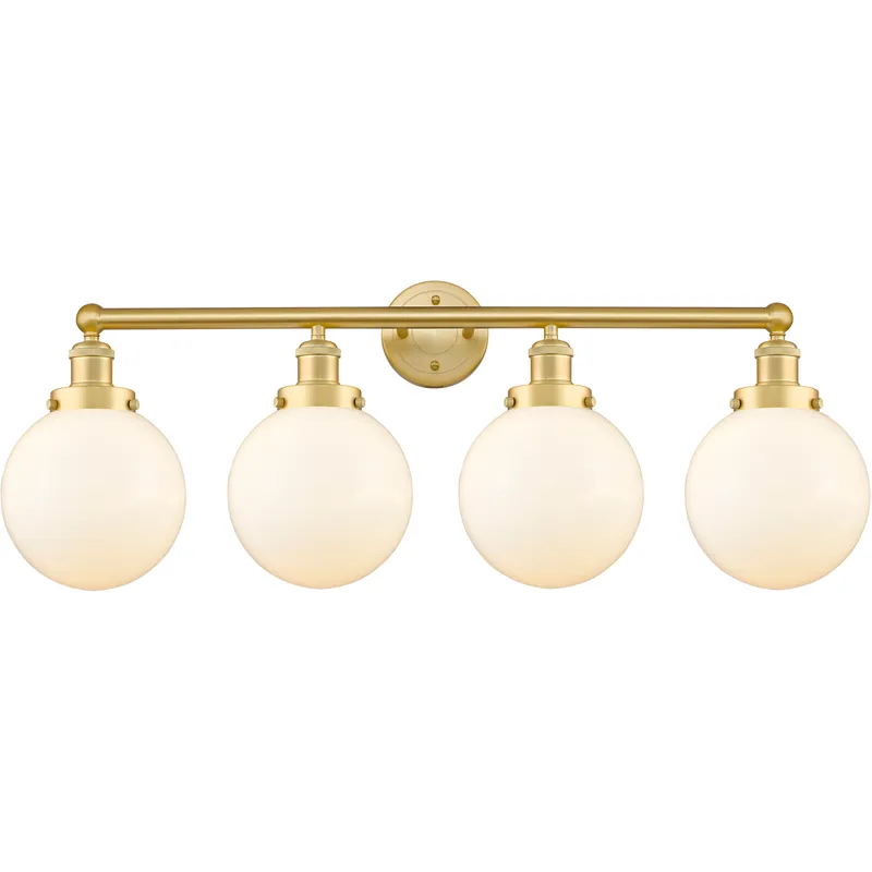 Beacon 4 Light 33.5 inch Satin Gold Bath Vanity Light Wall Light in Matte White Glass, Large