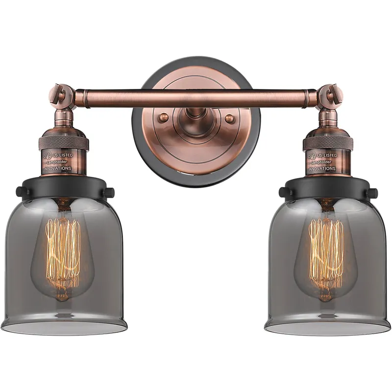 Franklin Restoration Small Bell 2 Light 16 inch Antique Copper Bath Vanity Light Wall Light in Plated Smoke Glass