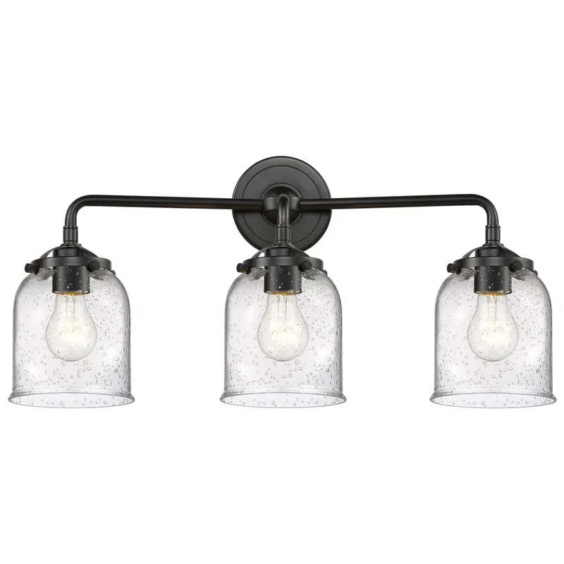 Nouveau Small Bell 3 Light 23 inch Oil Rubbed Bronze Bath Vanity Light Wall Light in Seedy Glass, Nouveau