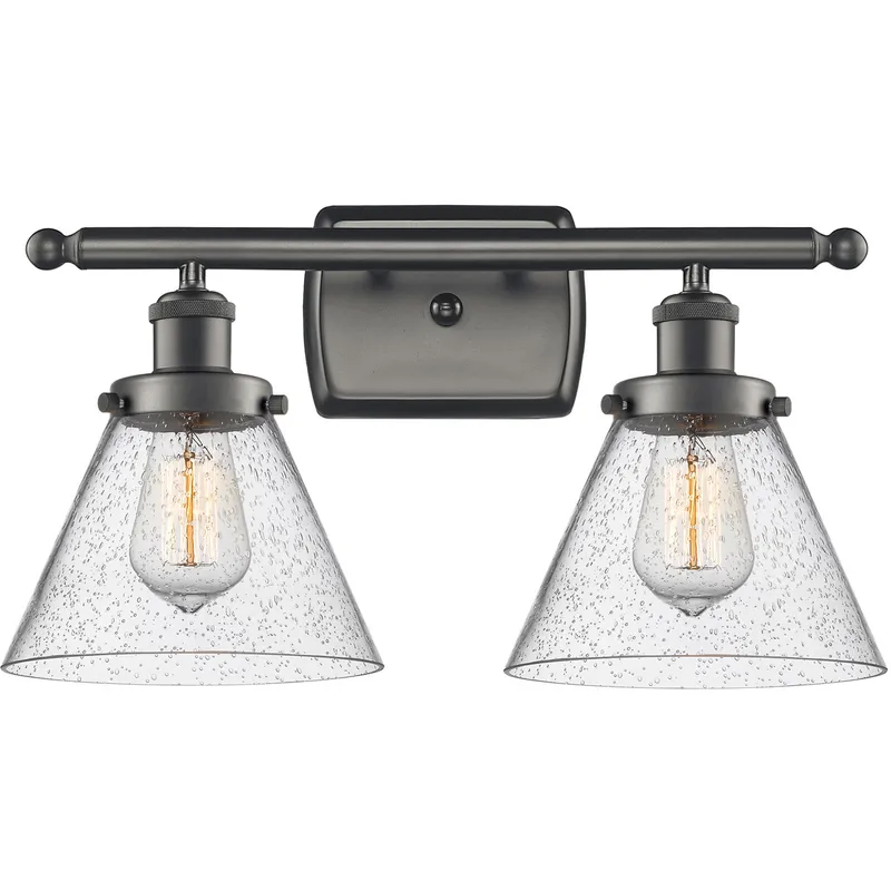 Ballston Large Cone 2 Light 16 inch Oil Rubbed Bronze Bath Vanity Light Wall Light in Seedy Glass, Ballston