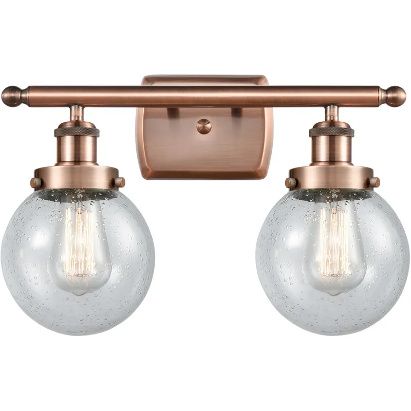 Ballston Beacon 2 Light 16 inch Antique Copper Bath Vanity Light Wall Light in Seedy Glass