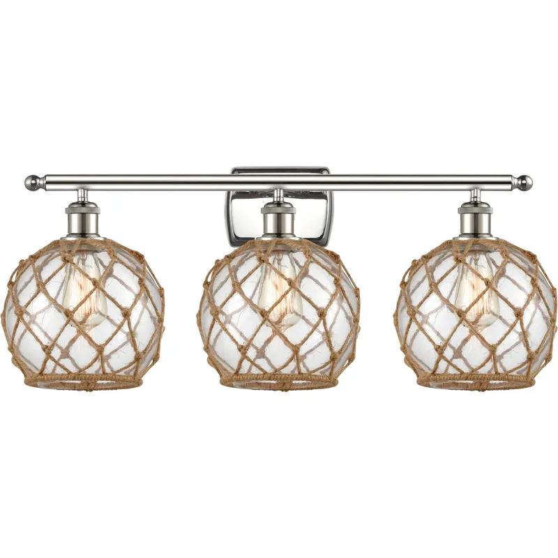 Ballston Farmhouse Rope 3 Light 28 inch Polished Nickel Bath Vanity Light Wall Light in Bulb Not Included, Clear Glass with Brown Rope, Ballston