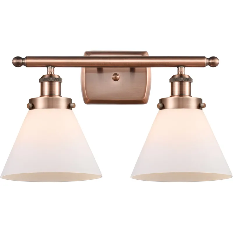Ballston Large Cone 2 Light 16 inch Antique Copper Bath Vanity Light Wall Light in Matte White Glass