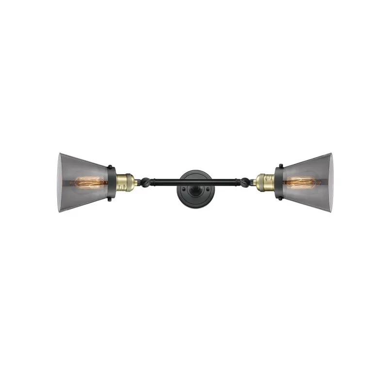 Franklin Restoration Small Cone 2 Light 6 inch Black Antique Brass Bath Vanity Light Wall Light in Plated Smoke Glass, Franklin Restoration