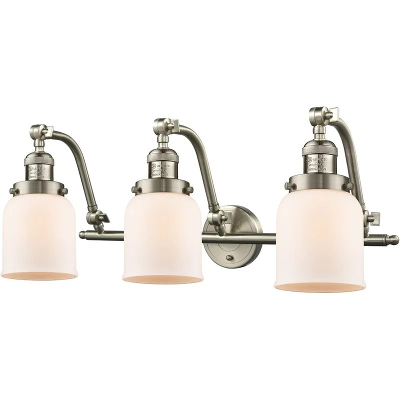 Franklin Restoration Small Bell 3 Light 28 inch Brushed Satin Nickel Bath Vanity Light Wall Light in Matte White Glass, Franklin Restoration
