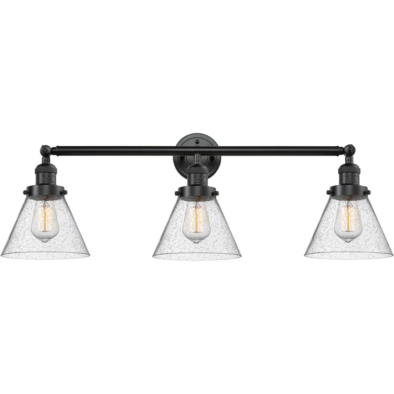 Franklin Restoration Large Cone 3 Light 32 inch Oil Rubbed Bronze Bath Vanity Light Wall Light in Seedy Glass, Franklin Restoration