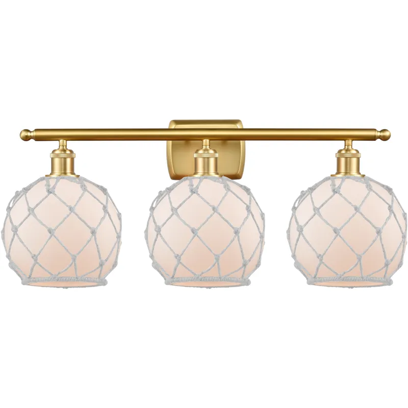 Ballston Farmhouse Rope 3 Light 28 inch Satin Gold Bath Vanity Light Wall Light in Bulb Not Included, White Glass with White Rope, Ballston