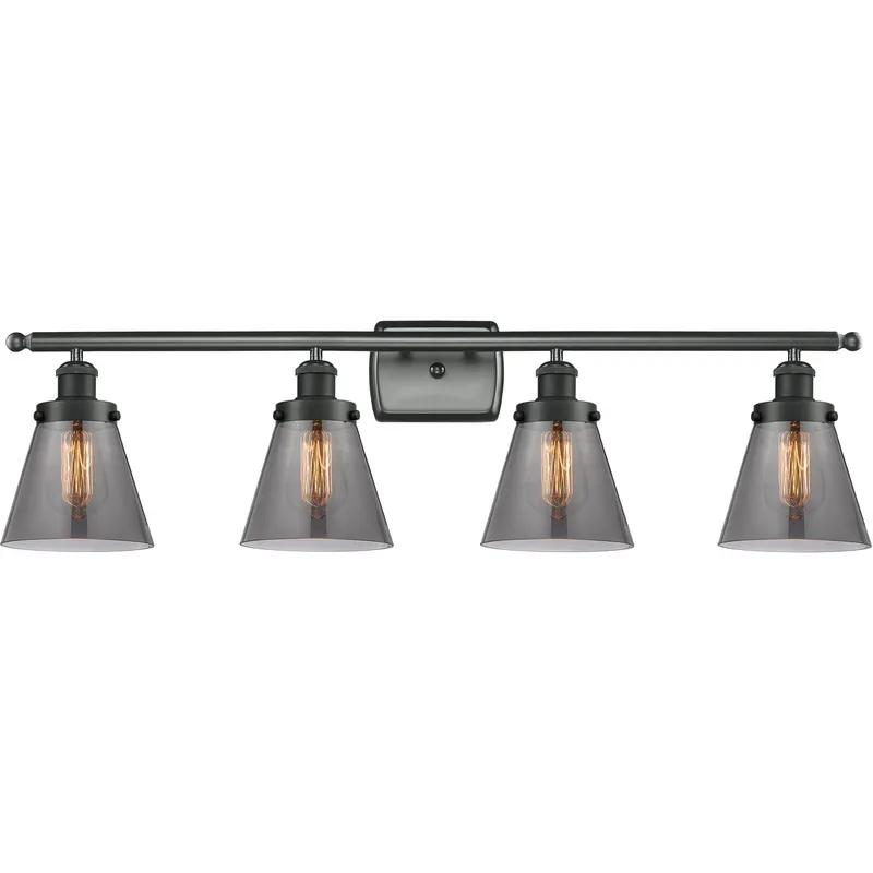 Ballston Small Cone 4 Light 36 inch Matte Black Bath Vanity Light Wall Light in Plated Smoke Glass, Ballston