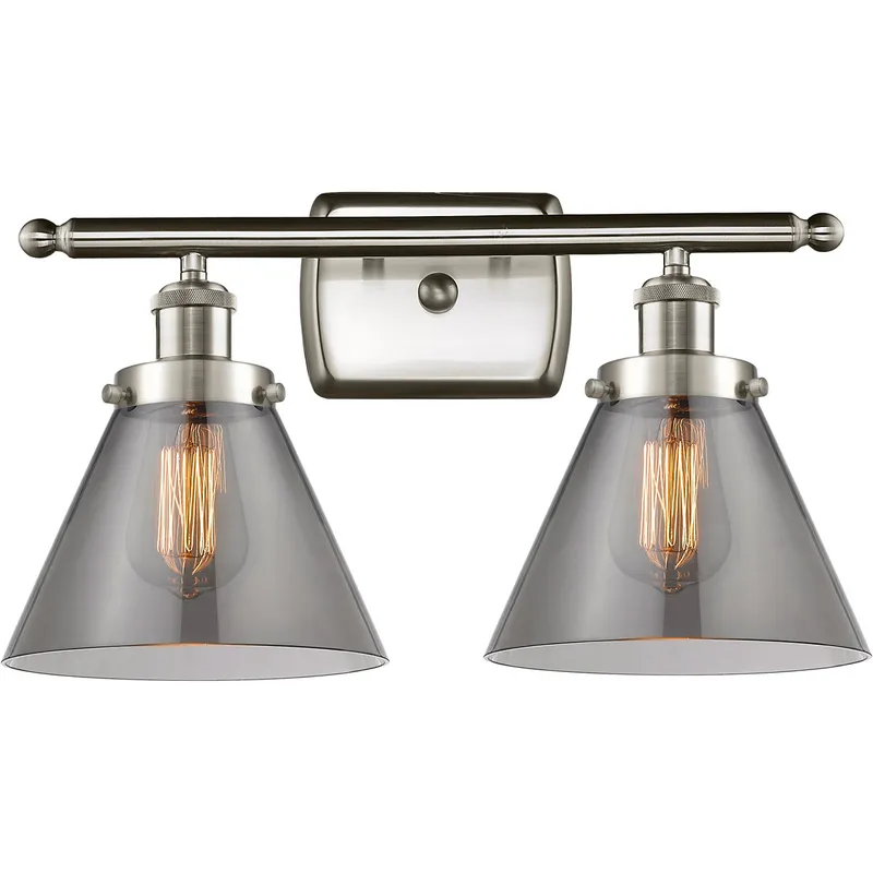 Ballston Large Cone 2 Light 16 inch Brushed Satin Nickel Bath Vanity Light Wall Light in Plated Smoke Glass, Ballston