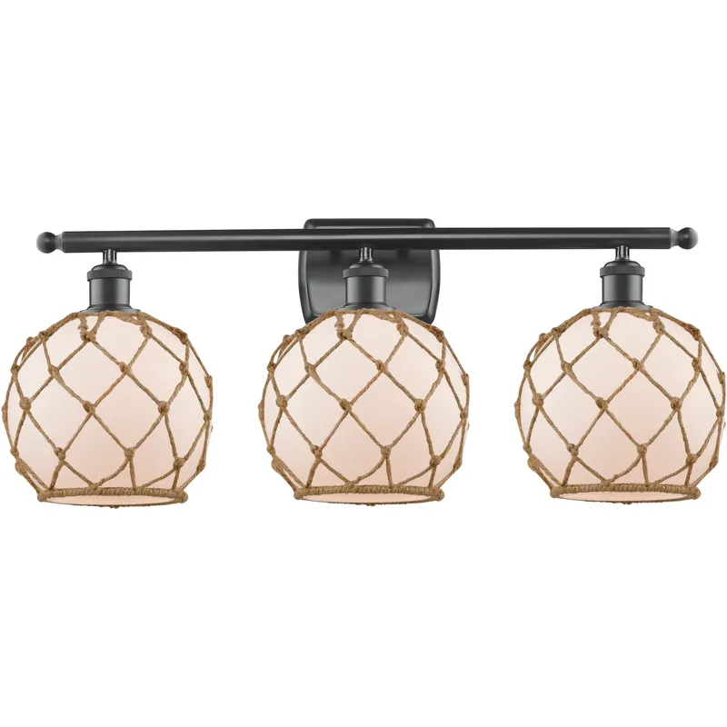 Ballston Farmhouse Rope 3 Light 28 inch Matte Black Bath Vanity Light Wall Light in Bulb Not Included, White Glass with Brown Rope, Ballston