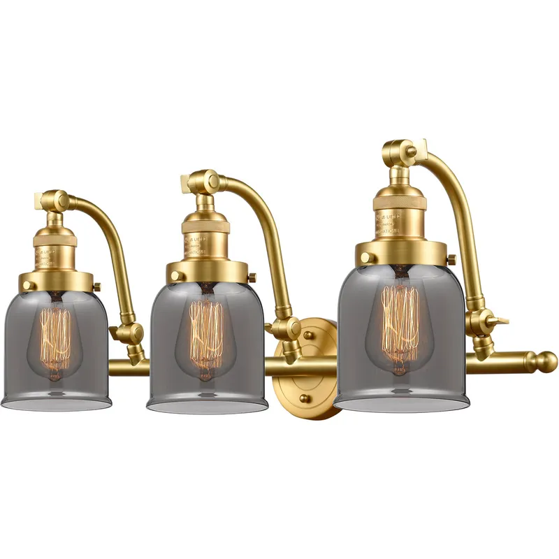 Franklin Restoration Small Bell 3 Light 28 inch Satin Gold Bath Vanity Light Wall Light in Light Smoke Glass, Franklin Restoration