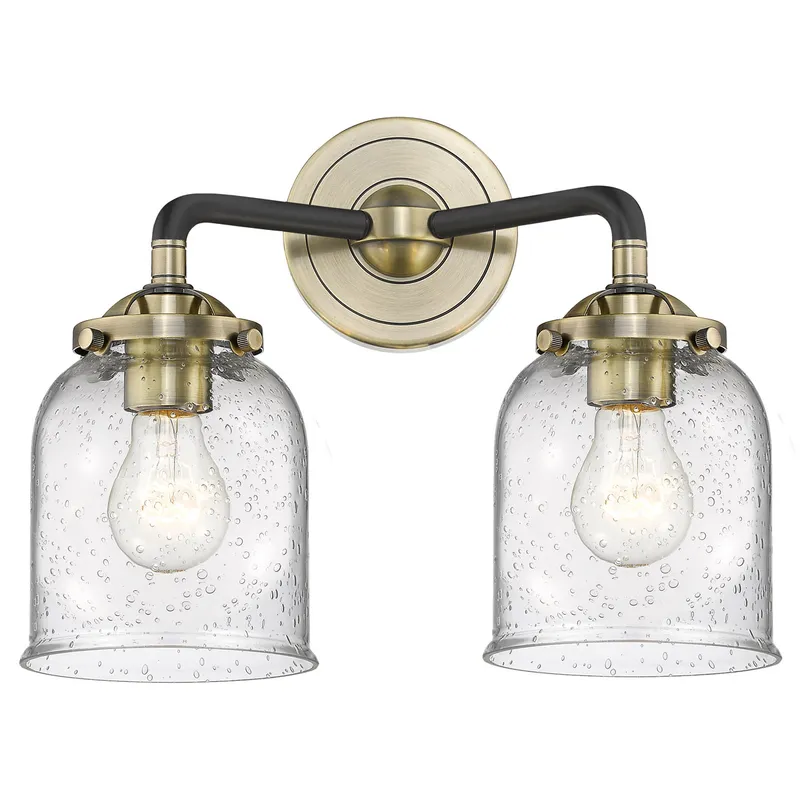Nouveau Small Bell LED 13 inch Black Antique Brass Bath Vanity Light Wall Light in Seedy Glass, Nouveau