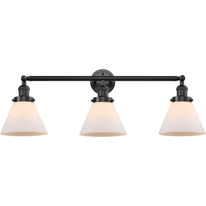 Franklin Restoration Large Cone 3 Light 32 inch Oil Rubbed Bronze Bath Vanity Light Wall Light in Matte White Glass, Franklin Restoration