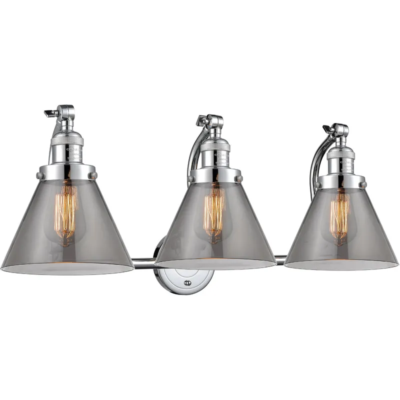 Franklin Restoration Large Cone LED 28 inch Polished Chrome Bath Vanity Light Wall Light in Plated Smoke Glass, Franklin Restoration