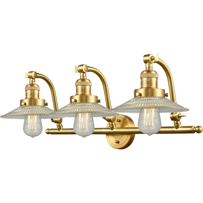 Franklin Restoration Halophane LED 28 inch Satin Gold Bath Vanity Light Wall Light in Clear Halophane Glass, Franklin Restoration