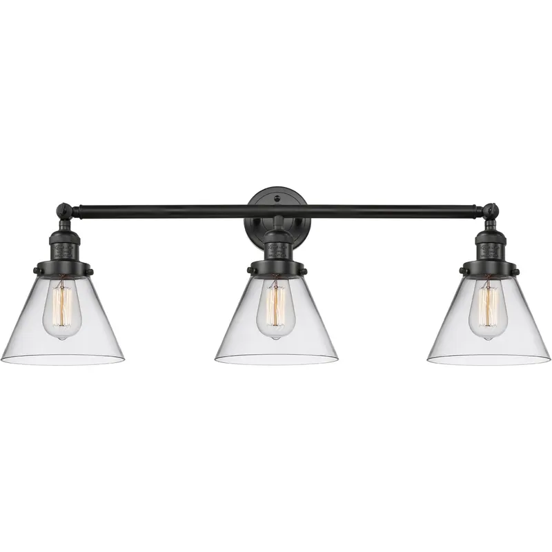 Franklin Restoration Large Cone 3 Light 32 inch Matte Black Bath Vanity Light Wall Light in Clear Glass, Franklin Restoration