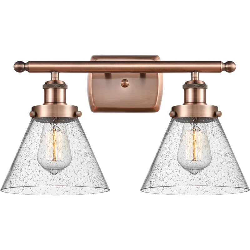 Ballston Large Cone 2 Light 16 inch Antique Copper Bath Vanity Light Wall Light in Seedy Glass