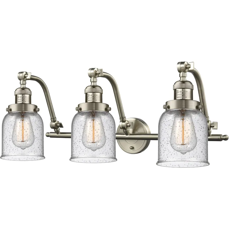 Franklin Restoration Small Bell 3 Light 28 inch Brushed Satin Nickel Bath Vanity Light Wall Light in Seedy Glass, Franklin Restoration