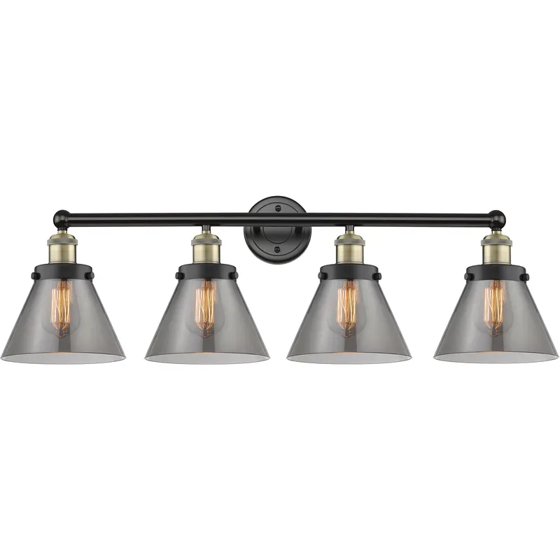 Cone 4 Light 33.5 inch Black Antique Brass Bath Vanity Light Wall Light in Light Smoke Glass