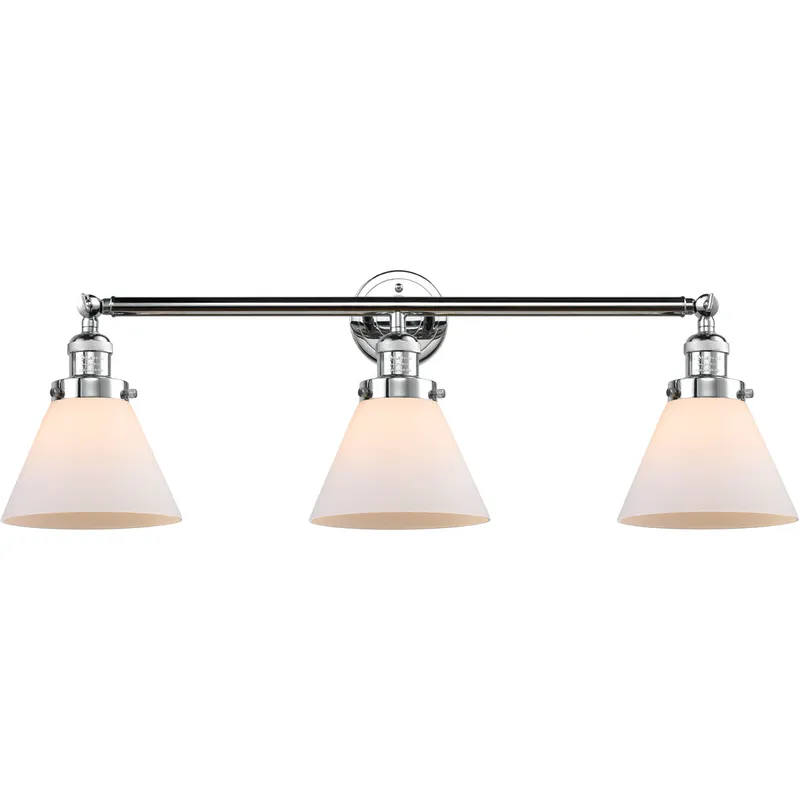Franklin Restoration Large Cone 3 Light 32 inch Polished Chrome Bath Vanity Light Wall Light in Matte White Glass, Franklin Restoration